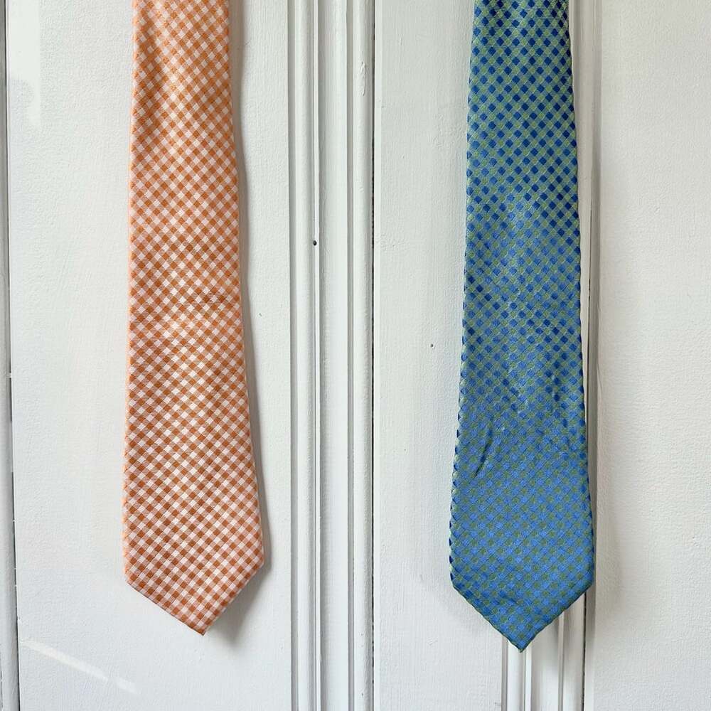 Lot of 2 Michael Kors Gingham Check Pattern 100% Silk Neckties (Orange and Blue)
